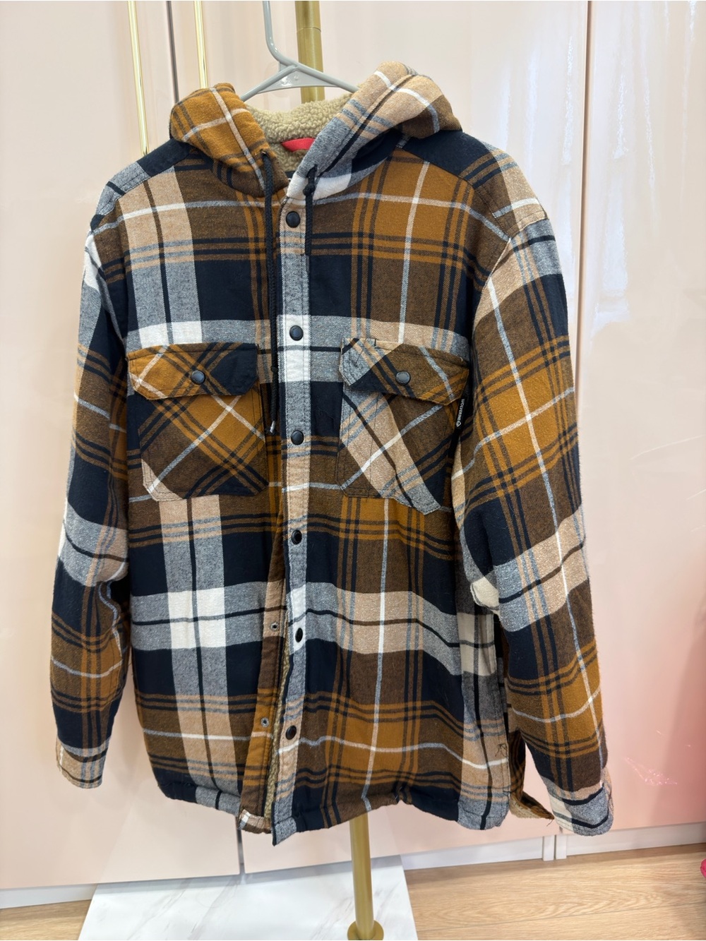 Men’s Wolverine Plaid Hooded Puffer Jacket - Brown, Black & Cream